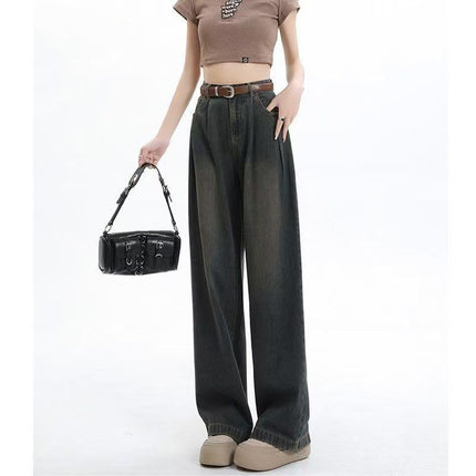 White Wide Leg Jeans Women's Trendy All-match New High Waist Slimming Pleated Lazy Drape Straight Trousers