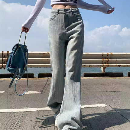 Light Jacquard Pants with Rear Pocket for 2024 Autumn High Waist Retro Flip Design Horn Denim Pants Niche