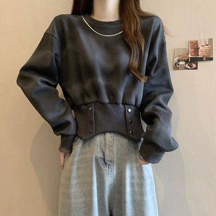American Retro Tie-Dye Hooded Sweatshirt for Women in Spring & Fall Plus Size Fat mm Slimming Look Design Asymmetrical Short Top Trendy