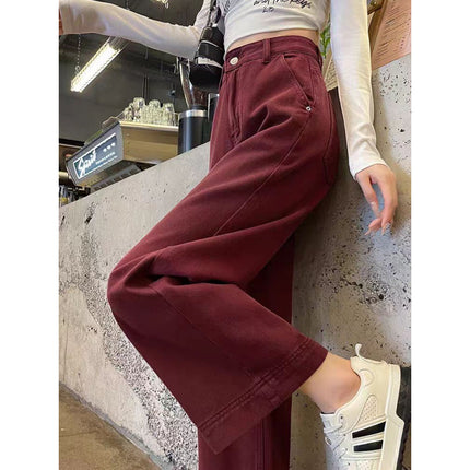 Ankola Red Wide Leg Jeans Women's 2024 Winter fleece-lined Loose Small wine red Retro Grandma Pants