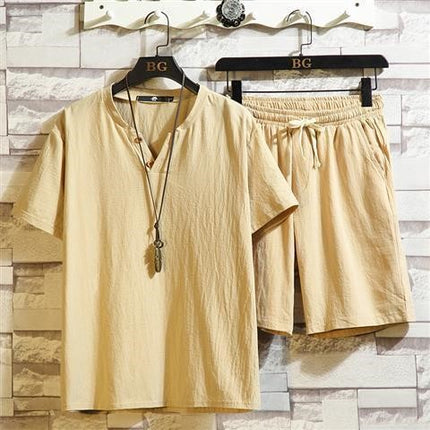 Cotton and Linen Short-Sleeved Shorts Suit for Men, Chinese Style Loose Large Size Collared Shirt, Summer Trendy Casual Sports Two-Piece Set Tang