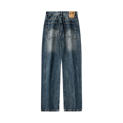 2025 Cross-Mirror Retro Washed Jeans Men's Trendy Brand Versatile Loose Draped Wide-Leg Straight Pants Autumn Style