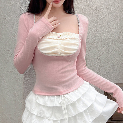 C530Tp European and American Cross-Border Lace Square Neck Waist Slim Sexy Sexy Contrasting Color Long-Sleeved Figure-Showing Short Top