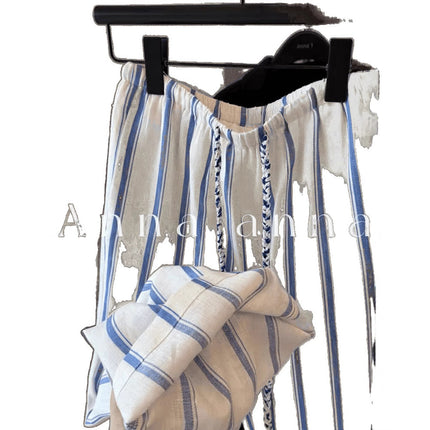 Highly Recommended! Blue and White Striped Linen Wide-Leg Pants 2025 Summer Lazy Drape Cotton-Linen Floor-Length Pants