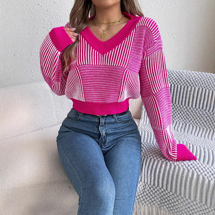 Clearance 2025 Autumn/Winter Casual Striped Lantern Sleeve Pullover Crop Top Sweater Amazon Cross-Border European and American Women's Clothing
