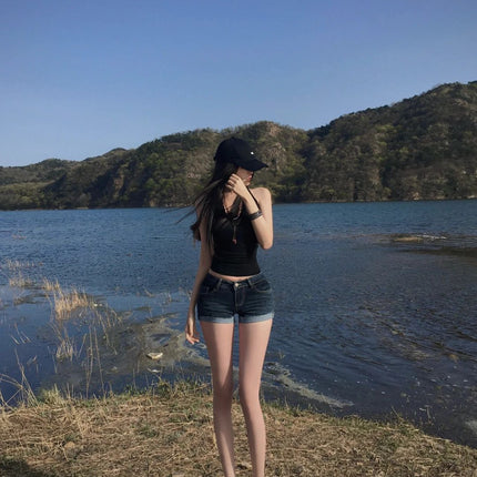Sweet Hot Girl Denim Shorts Women's Summer Low Waist Slim Curly Pants Small American Style Stretch Hip Hot Pants