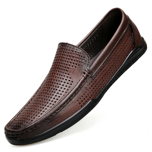 2025 Summer Large Size Men's Hollow Beanie Shoes Plaid Slip-On Soft Leather Driving Loafers Small Leather Shoes