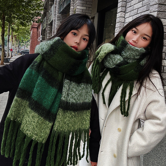 Infinite Forest Green ~ dark blue light blue * green striped tassel scarf Korean style versatile retro scarf for women autumn and winter