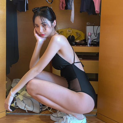 Black Stitching Perspective Strap Swimsuit Women's Beach Sexy Low-cut one-piece Swimsuit Belly Covering Beautiful Back Slim Bikini