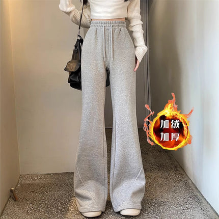 Horn Sweatpants Women's Fleece-lined Pants 2024 Autumn and Winter New Sports Pants Thickened High Waist Grey Fashion Casual Pants