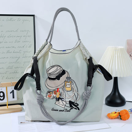 Cross-Border New Embroidered Shoulder Bag Large Capacity Bag Women's Environmentally Friendly Shopping Bag Embroidered Crossbody Bag Nylon Tote Bag