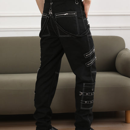 Chain Decoration Personality Casual Pants Men Gothic Pants Punk Rock Eyelet Cargo Pants Bondage Jeans