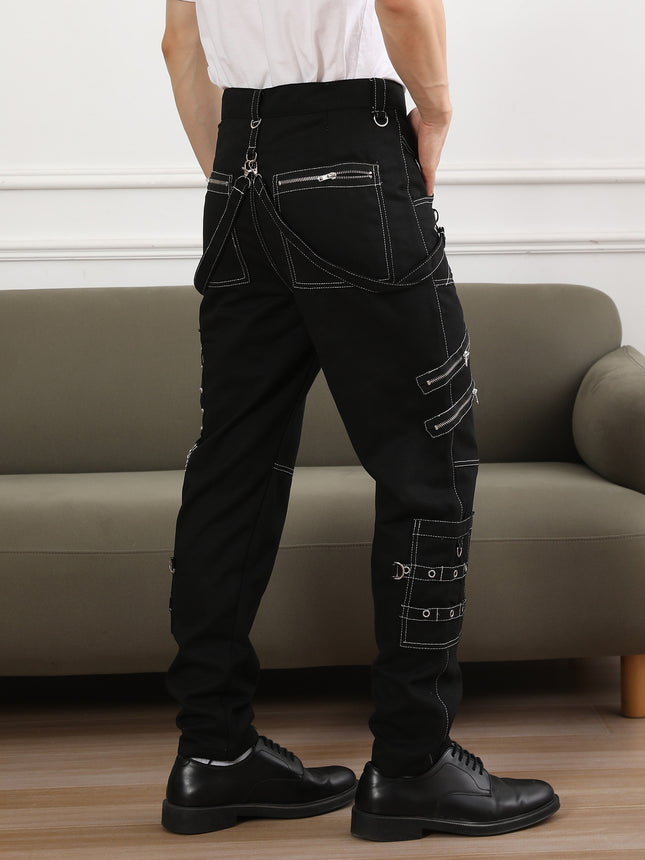 Chain Decoration Personality Casual Pants Men Gothic Pants Punk Rock Eyelet Cargo Pants Bondage Jeans