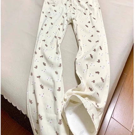 American Retro Bear Print Sweet Jeans for Women, Niche Versatile High-Waisted Floral Slimming Wide-Leg Pants, Fashionable