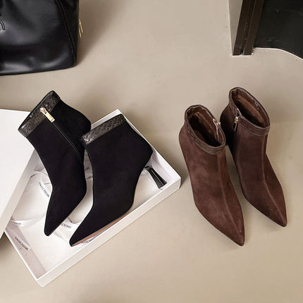 Sheepskin High-Heeled Pointed-Toe Short Boots for Women 2025 Autum New Retro Elegant Soft Single Boots Fashionable Casual Leather Boots