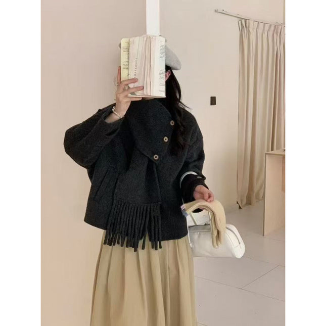 2024 New Tassel Scarf Collar Removable Two-Wearing Double-Sided Wool Coat Small Loose Wool Jacket