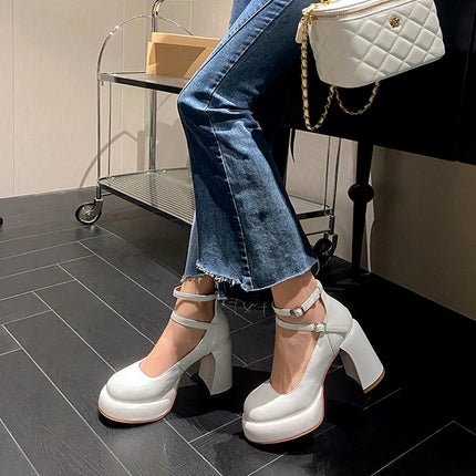 One-word Buckle Belt Mary Jane Shoes Women's wine red Shoes Small Waterproof Platform Thick Heel High Heels Not Tired Feet Black
