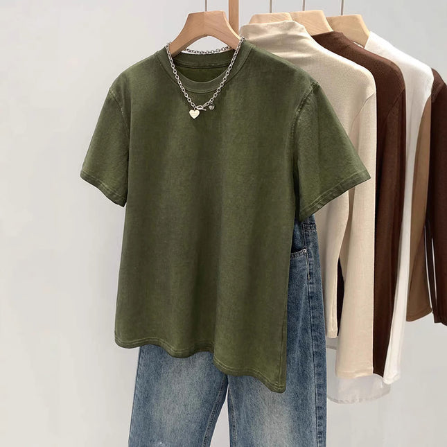 2025 European Explosions Army Green Loose Short-sleeved T-shirt Women's Summer New Niche Design Sense Old Retro Top