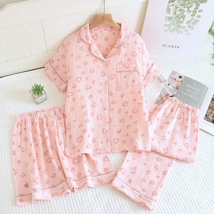 Various Style Spring and Summer Cotton Crepe Pajamas Sweet Three-Piece Short-Sleeved Trousers Spring and Autumn Loose Casual suit