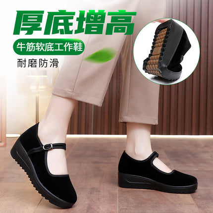 Old Beijing Cloth Shoes Women's Height Increasing Thick-soled Work Shoes Platform Sole Mother Women's Single Shoes Comfortable Non-slip Hotel Work Shoes