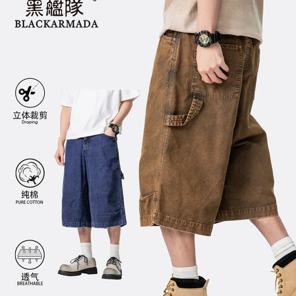 Black Fleet Casual Workwear Cropped Pants for Men and Women, Washed Vintage Pants, American Retro Loose Fit, Distressed Spray-Dyed