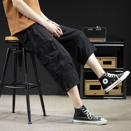 Summer thin overalls men's capri pants casual loose overalls 7 pants breeches pants washed shorts