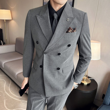 Live Supply of High-Quality, Stylish Double-Breasted Men's Suit Sets from Douyin and Kuaishou Influencers, Three-Piece Suit Set
