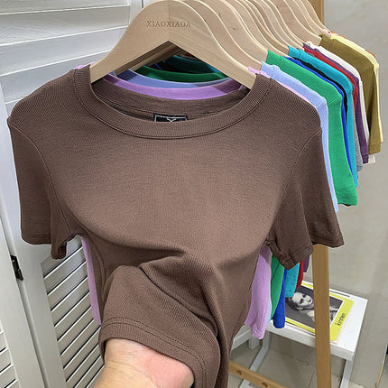 European New plus size Solid Color Loose Elastic Thread Short-sleeved T-shirt Women's Base Shirt Top Fashionable Green Shirt