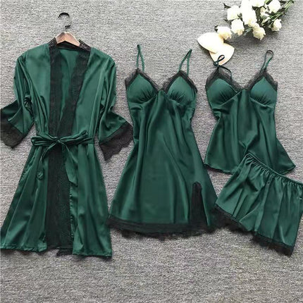 Cross-Border Four-Piece Pajama Set for Women, Spring and Summer Ice Silk Camisole Nightgown Set with Chest Pads, Loungewear, Lingerie