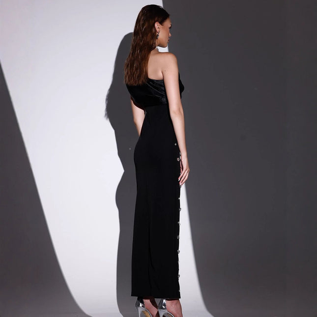 Cross-Border European and American 2025 Spring New Sexy Slanted Shoulder Hot Diamond Gauze Bandage Skirt Celebrity Dinner Dress Dress