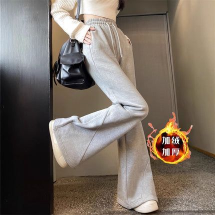 Horn Sweatpants Women's Fleece-lined Pants 2024 Autumn and Winter New Sports Pants Thickened High Waist Grey Fashion Casual Pants