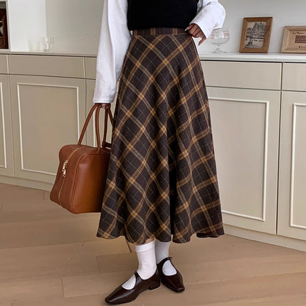Trendy Youthful Coffee-Colored Plaid High-Waisted Slimming A-Line Midi Skirt for Spring