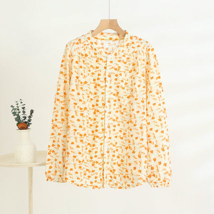 Middle-Aged and Elderly Women's Summer Thin Cardigan Mother's Wear Cotton Silk Long-Sleeved Loose Large Size Artificial Cotton Shirt Pajama Top