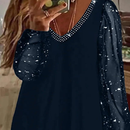 2025 Women's Tops Pure Sequin Tops Ruched Long Sleeve V Neck Casual Daily Vacation Polyester Autumn Mesh Sha