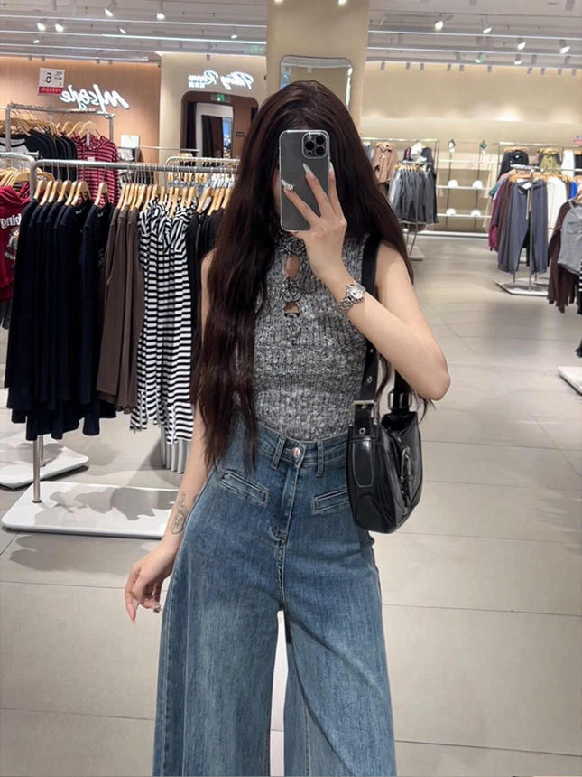 Blue High Waist Wide Leg Jeans Women's Loose Slimming Hong Kong Style Retro Mop Pants Korean Style Elegant Straight Leg Wide Leg Pants