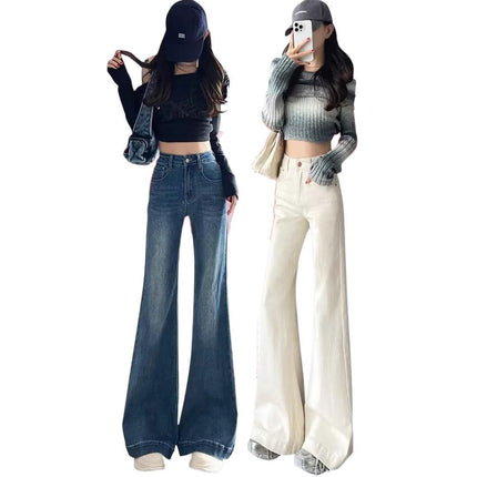 Petite Wide-Leg Jeans for Women, American Retro Flared Pants, 2025 Spring High-Waisted Slimming Stretchy Floor-Length Pants