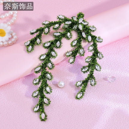 Nais Ns368 Forest-Style Green Branch and Leaf Twist Stick Hair Accessory with Rhinestone Embellishments for Bridal Wedding Photoshoot