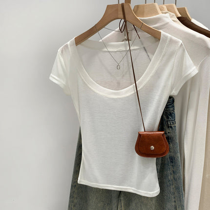 Summer Ootd Purple Light U-Neck Slim Short-Sleeved T-Shirt for Women 2025 Summer New Style Unique and Beautiful Age-Reducing Style