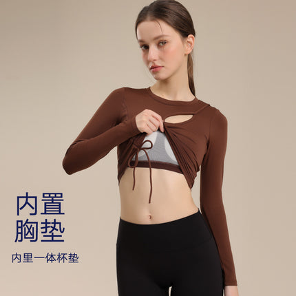 Pleated Drawstring Belt Chest Mat Yoga Suit Women's Hollow Breathable Fitness Outer Wear Sports Top Pilates Slimming Long Sleeve