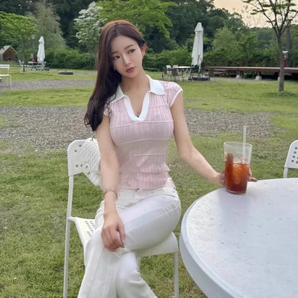 Korean Dongdaemun Spring and Summer New Style Elegant Color-Blocking V-Neck Slim Fit Slightly See-Through Figure-Flattering Knit T-Shirt