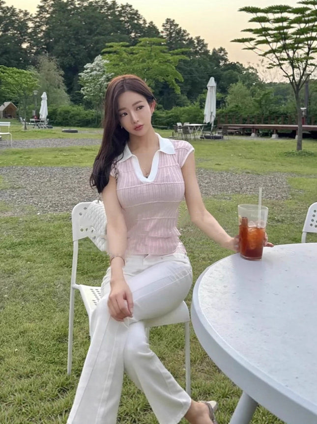 Korean Dongdaemun Spring and Summer New Style Elegant Color-Blocking V-Neck Slim Fit Slightly See-Through Figure-Flattering Knit T-Shirt