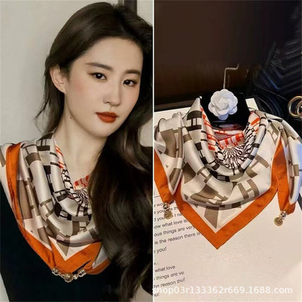2024 New Magnetic Buckle Silks and Satins Square Scarf Women's Spring and Autum Scarf High-end Decorative Triangle Scarf Neck Protector