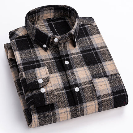 New Spring and Summer Pure Cotton Men's Shirts, Brushed Plaid Long-Sleeved Casual Shirts, Slim Fit, Fashionable and Versatile Tops Wholesale