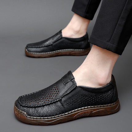 Cross-Border Hot-Selling Spring and Summer New Products Hand-Stitched Casual Men's Shoes Fashionable Soft-Soled Hollow Breathable Leather Shoes