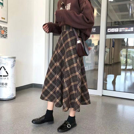 Brown Plaid Skirt for Women in Spring and Autum Mid-Length High-Waisted A-Line Pleated Skirt for Small People with Large Swing Umbrella Skirt Long Skirt