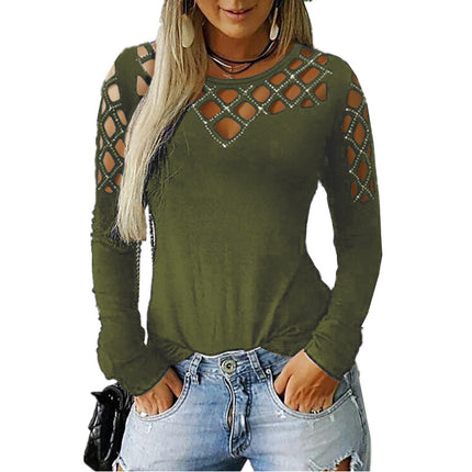 European and American cross-border 2023 Women's clothing eBay Amazon wish autumn and winter popular hollow rhinestone long-sleeved T-shirt top for women