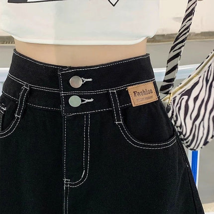 2025 New Black Hole Denim Shorts Women's Summer Students Loose Straight Scrub High Waist Slim A- Shed Hot Pants