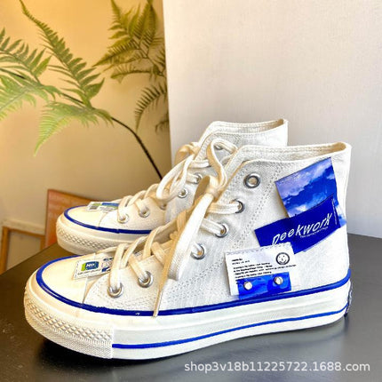 Canvas Shoes Versatile Niche Men's and Women's Shoes High-Top Classic White Shoes 1970S Trendy Summer Klein Blue Sneakers