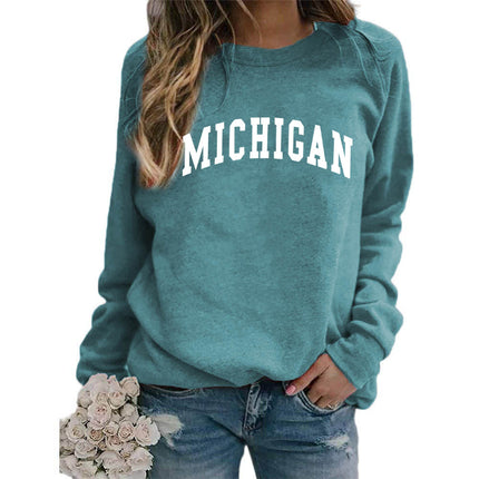 Cross-border supply of European and American foreign trade MICHIGAN printed crew neck sweater top women's coat autumn and winter European size