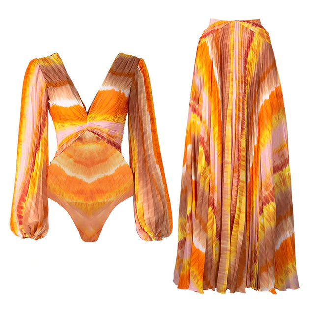 2024 European and American Swimwear New Style V-Neck Long-Sleeved Printed One-Piece Swimsuit Set for Women Cross-Border Hot-Selling Beachwear